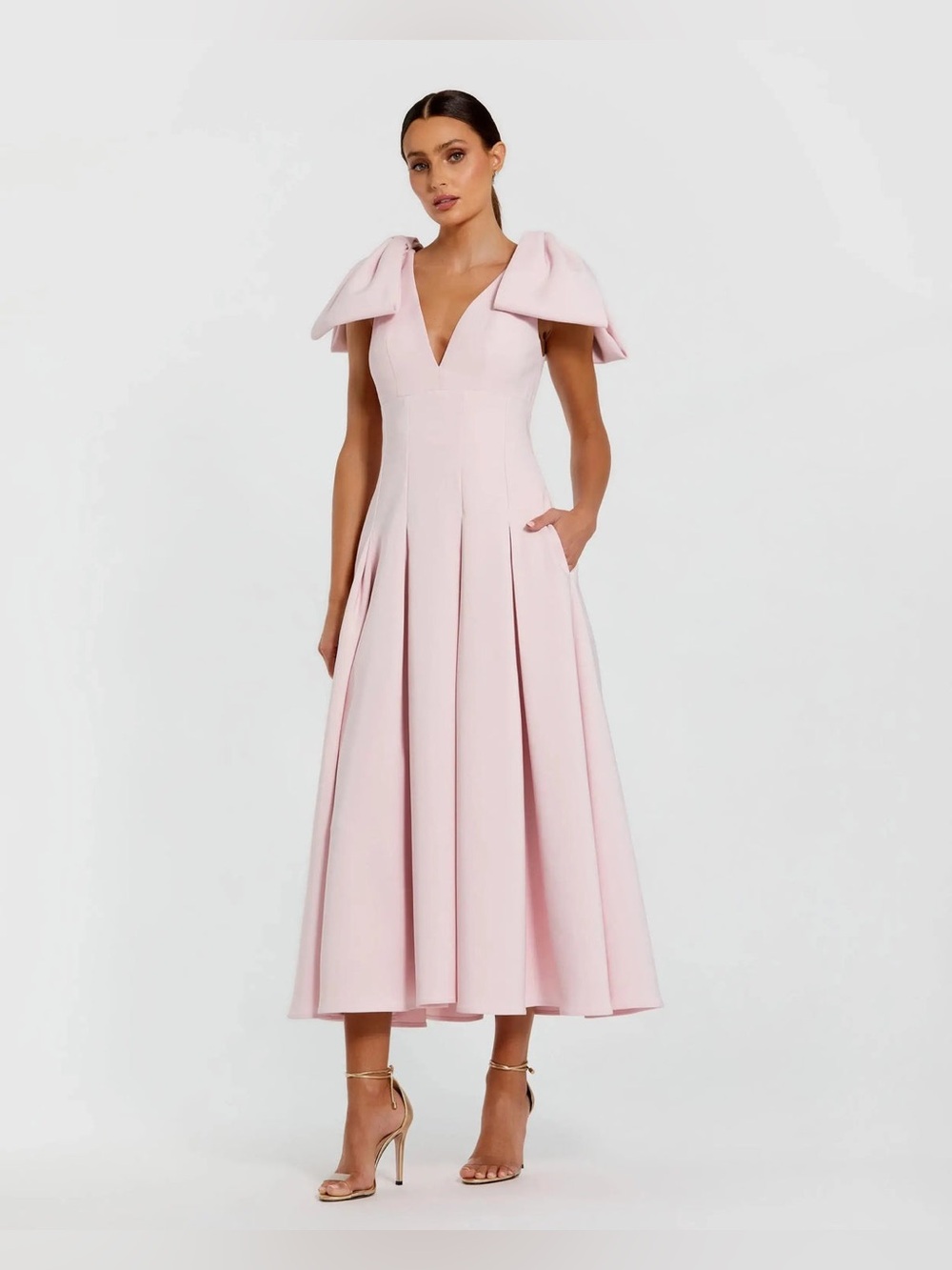 MAC DUGGAL
Pink Crepe A Line Midi Dress With Bow Straps Size 12 - Picture 5 of 7